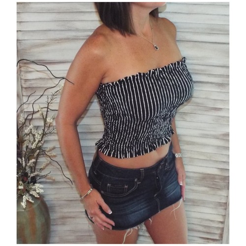 Pinstripe Strapless Smocked Ruffle Clubwear Summer Corset Tube Top Black - Picture 2 of 5