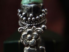 Antique Qing 19th c Tibetan silver turquoise adjustable ring Chinese signed mark