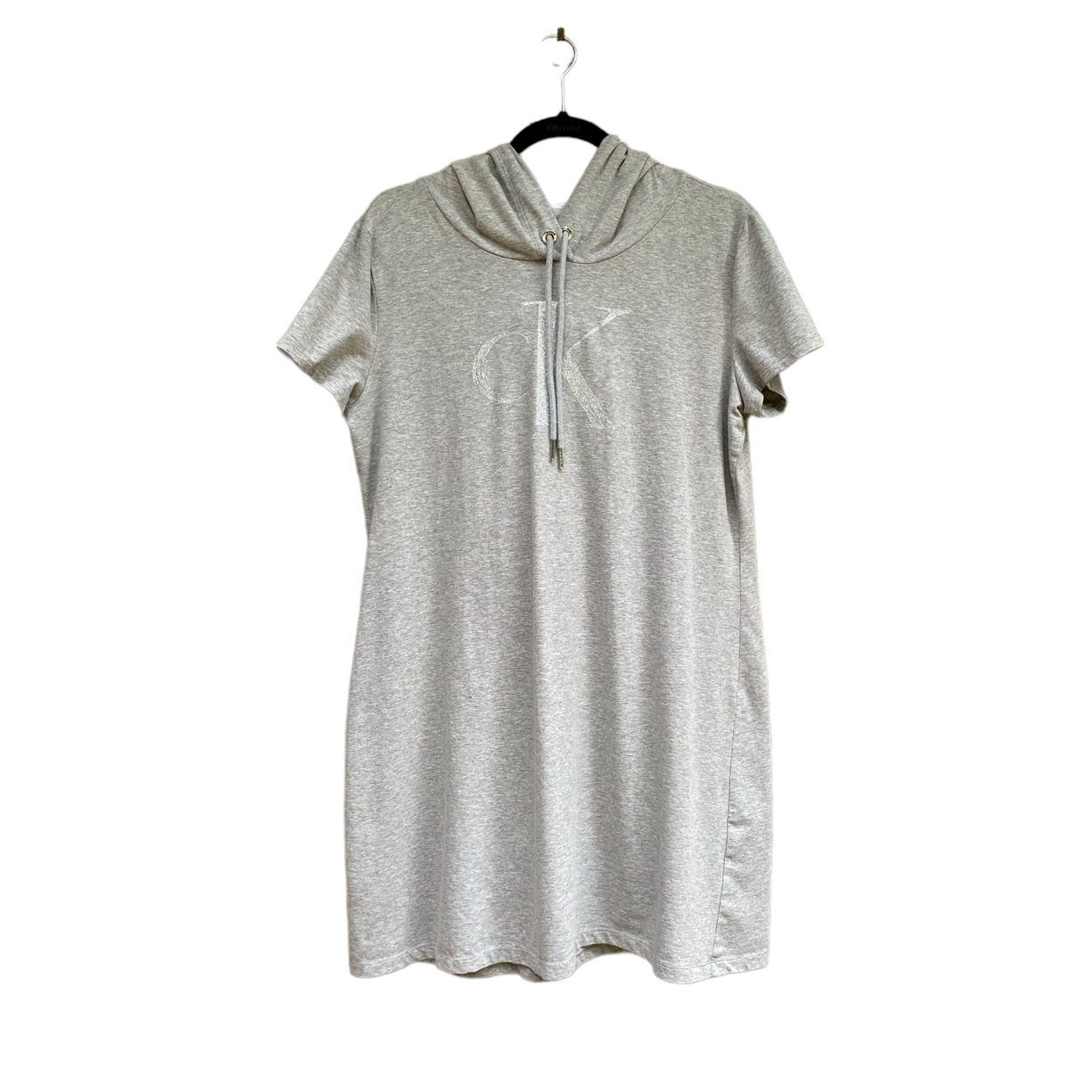 monogrammed t shirt dress CALVIN KLEIN Women's Gray Hooded Glitter Monogram T Shirt Dress Y2K Size XL