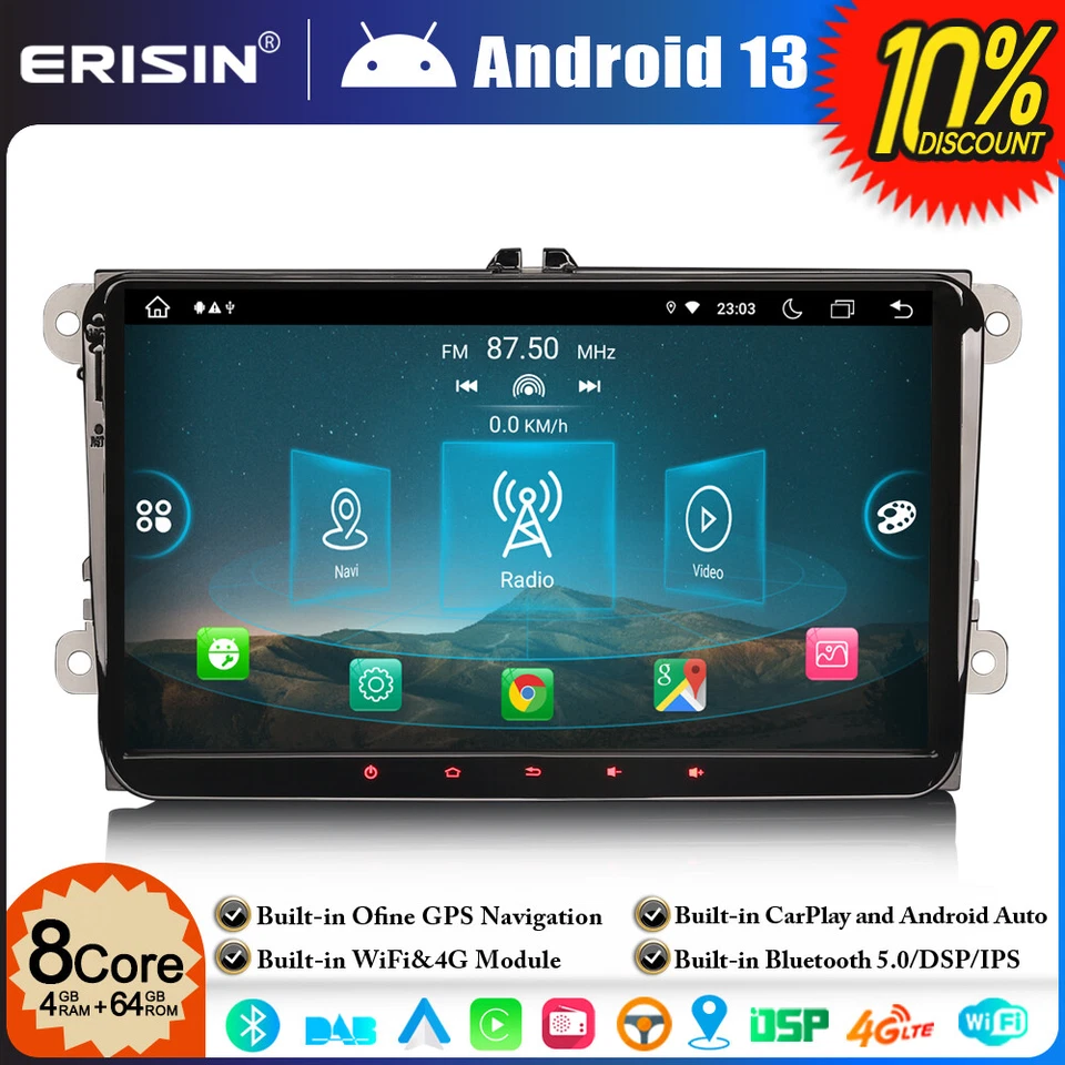 9" Android 14 Car Stereo GPS Radio For VW Golf Mk5 Mk6 Passat CC B6 Skoda Touran - Image 2 of 4