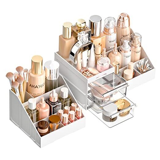 Makeup Organizer, Large Capacity with Drawers for Vanity, Makeup White/ Clear