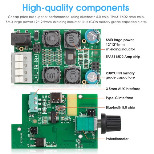 Mini Bluetooth 5.0 Digital Amplifier Board USB DAC Amp w/Sound Level Meter 50W×2 - Picture 7 of 9