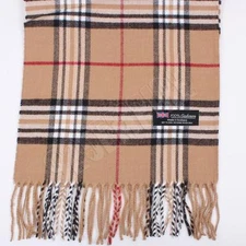 Men's 100% CASHMERE Scarf Camel tartan Plaid Stripe Design Soft