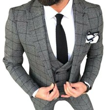 Designer Business Gray Checked Men's Suit Jacket Vest Tailored Slim Fit 48