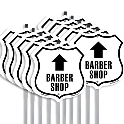 Barber Shop Up Shield Shaped Sign With Stake Weather Resistant Made in the USA