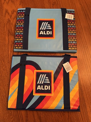 #ad ALDI Set Of 2 Collapsible Box Grocery Bags Totes 14x10x11 Rainbow amp; Blue Stripe $29.99