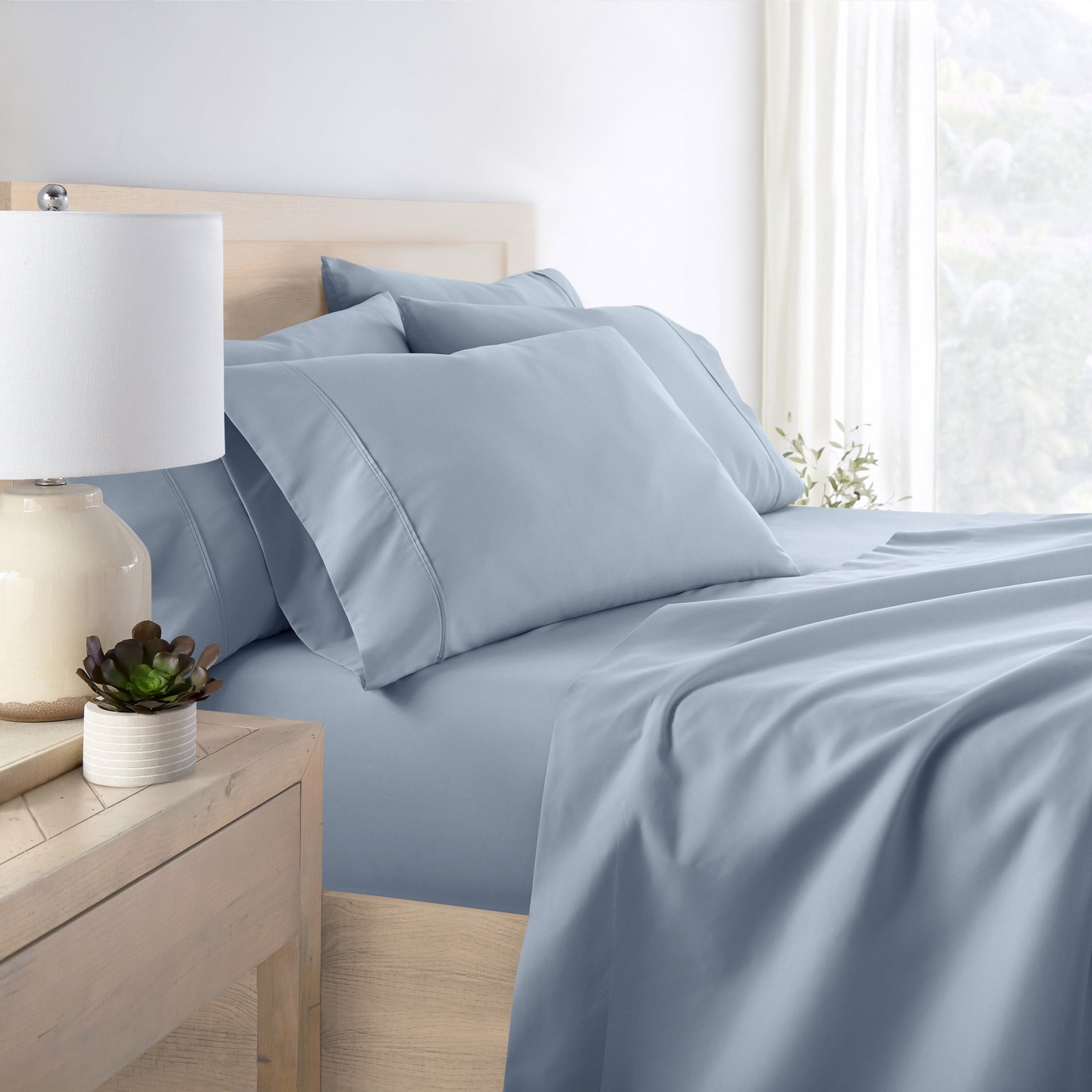 Queen, Light Blue Solid Microfiber 6 Piece Bed Sheet Set, by Noble Linens