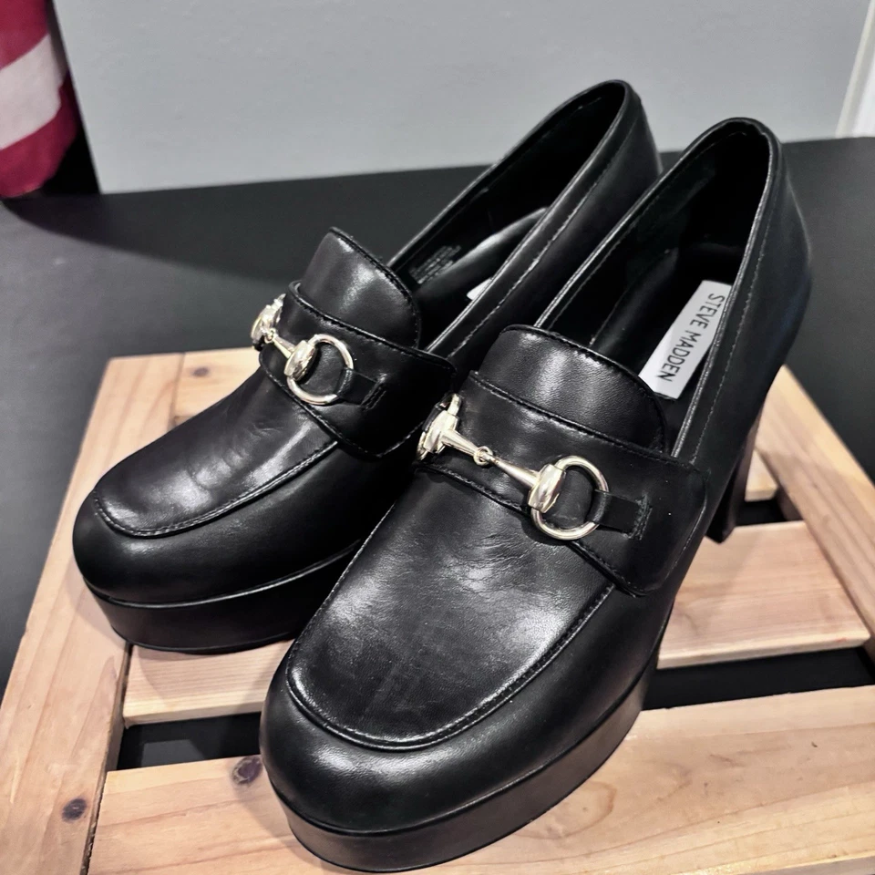 Steve Madden Cenicienta Mujer 9M Negro Cuero Plataforma Mocasín Grueso Tacón Bloque Foto 2 de 4