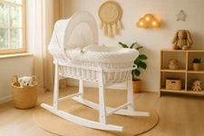 Luxury Moses Basket Padded Wicker Baby Full Set Rocking Stand White Handle/White