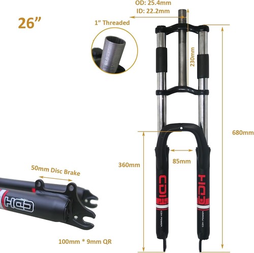 CDH 26" Suspension Fork 1" Threaded 25.4mm Straight Tube Triple Tree Disc Brake - Picture 3 of 21