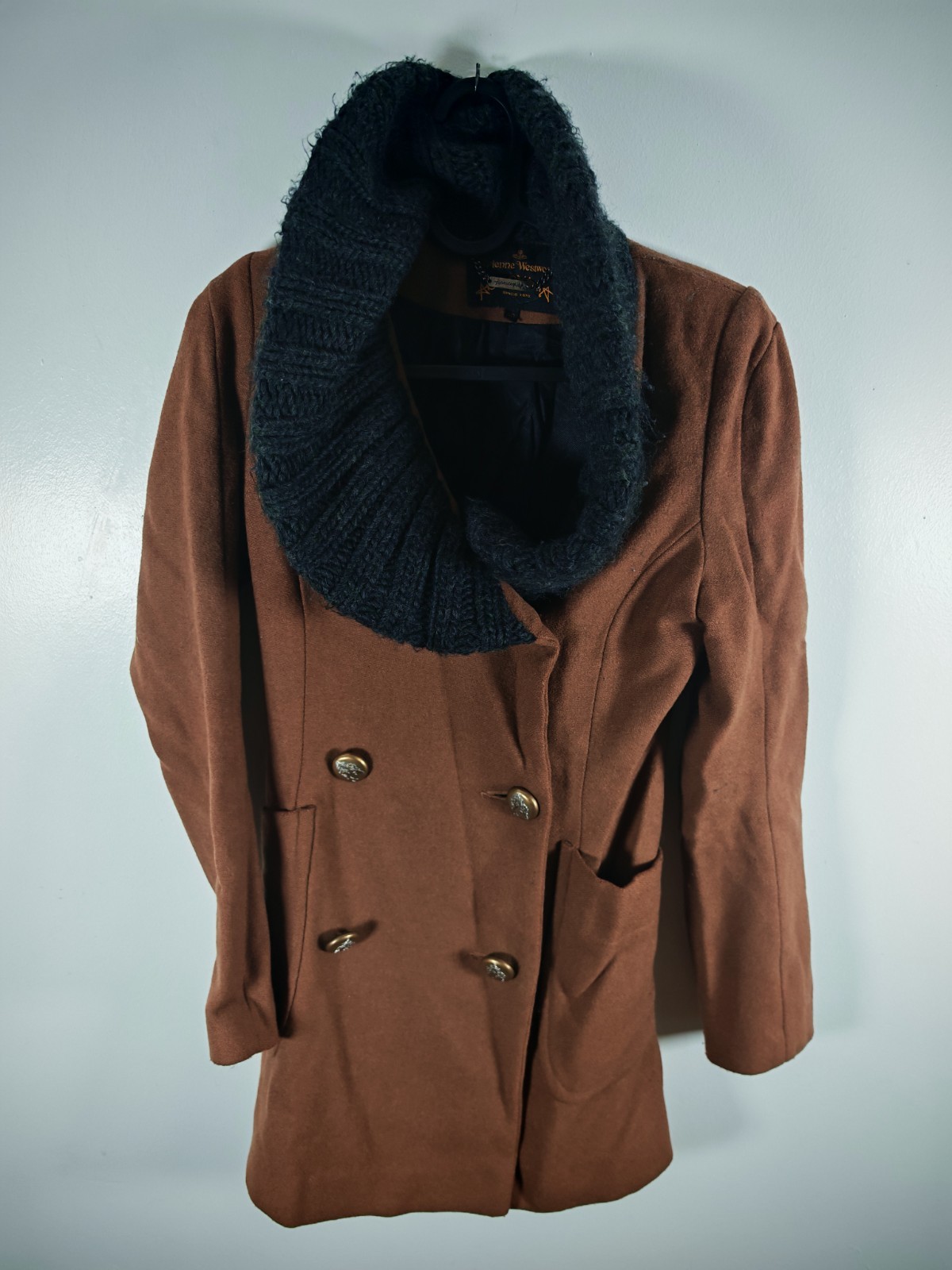 Vivienne Westwood Anglomania Brown Wool Coat Chunky Knit Collar Orb Buttons IT38 image 9