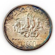 San Marino 1000 Lire 1978 Italia 150 Compleanno di Tolstoj 14,6g Moneta Argento 835