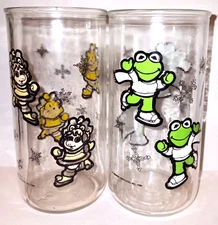 Vintage 1989 Muppet Babies Kermit the Frog Miss Piggy Glass Jim Henson Set Of 2