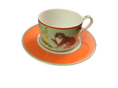 Vtg Lynn Chase MONKEY BUSINESS Parrot Vivid Teacup Mug & Saucer set 1995 Orange