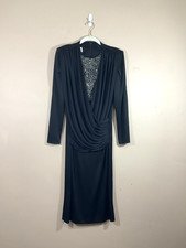 Vintage Womens Draped Front Midi Dress 8 Black Glam Party Formal Cocktail 80s