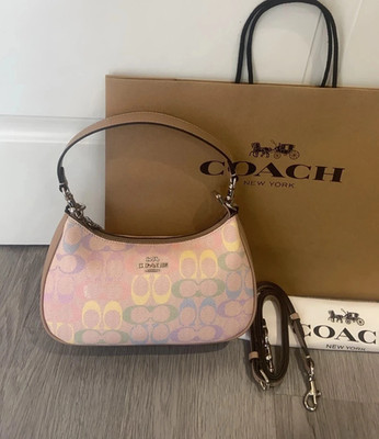 COACH Teri Shoulder Bag In Rainbow Signature Canvas & Leather CDA91 Silver/Sand
