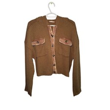 New In Brown Boxy Thermal Waffle Knit Cropped Hoodie Womens Medium Casual Urban