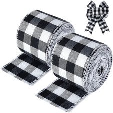 19.6 Yard 2.5 inch Wide Buffalo Plaid Ribbons Wired Edges, 2 Rolls Black and Whi
