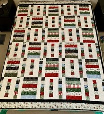 Large Winter/Christmas Stacked Strips Quilt White, Black, Green, Red, Lt Blue
