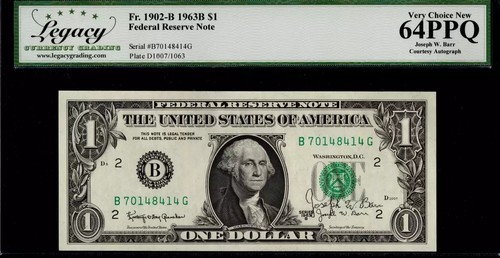 $1 1963-B FRN JOSEPH W. BARR AUTOGRAPH LCGS Vy Ch New 64PPQ