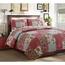 Country Floral Paisley 3-Piece Red Blue Khaki Patchwork Cotton King Quilt Beddin