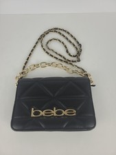 Bebe Los Angelos Black Crossbody Bag Quilted Purse Gold Chain Logo Classic 7.5"