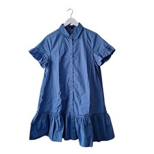 NWT Quince Organic Cotton Poplin Short Sleeve Ruffle Shirt Dress Blue Women's S