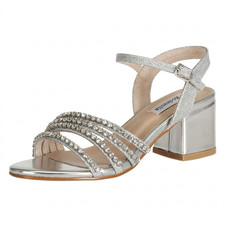 Rodevolta Women's Strappy Rhinestone Low Chunky Open Toe Heels Sandals Silver