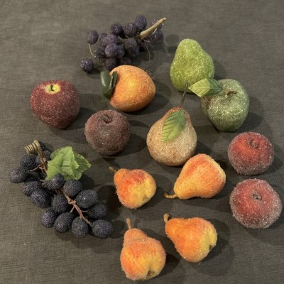 Artificial Faux Sugared Frosted Life Size Fruit LOT Of 14 Grapes Pears Apples