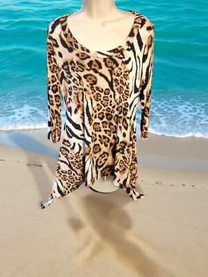 Chaus Women's Large L Leopard Print Tunic Brown Boho Cowl Neck Blouse