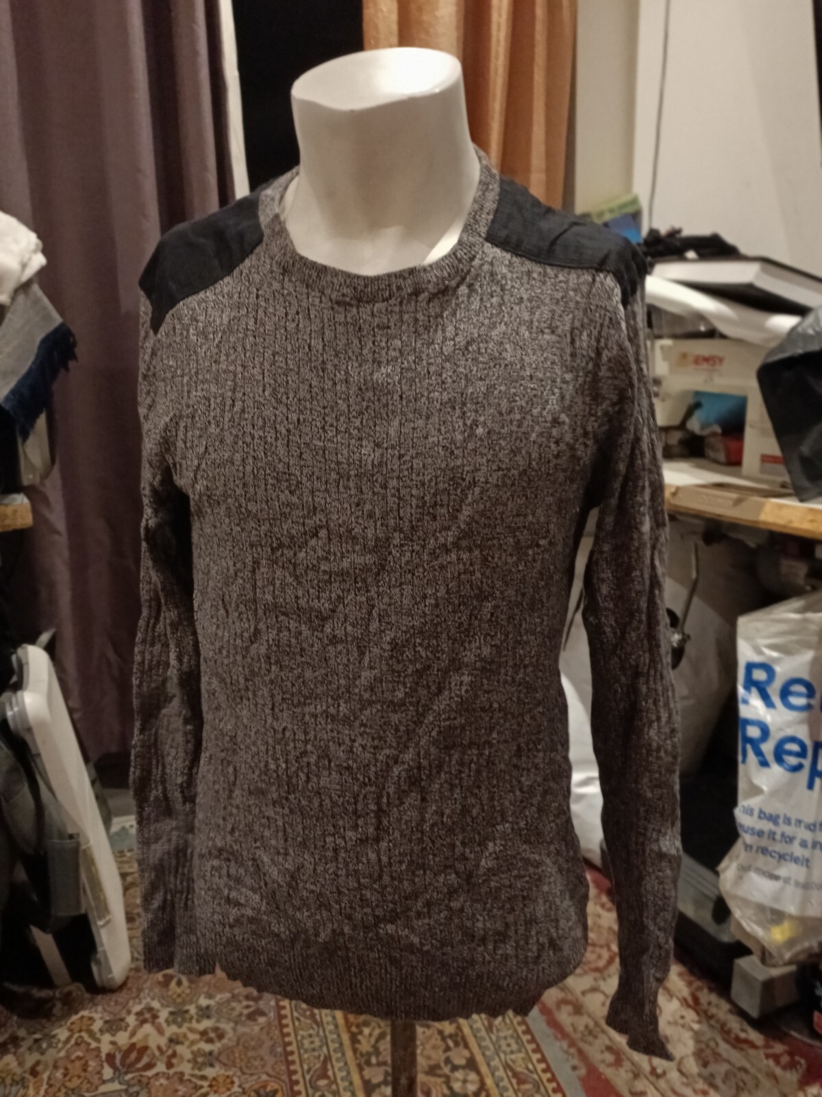 Twistedsoul Men Grey Black Crew neck Knitted Long Sleeve pullover Jumper Size M image 6