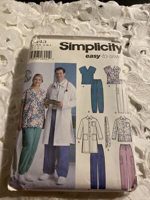 Sewing Pattern Unisex Lab Coat Scrubs Pants Necktie Sz AA S M L Simplicity 5443