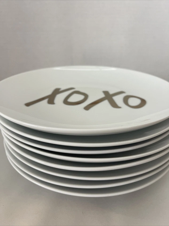 "Juego de 8 platos de postre/ensalada XOXO muelle de besos/abrazos 1 importaciones 8"" blanco con oro" Foto 3 de 4