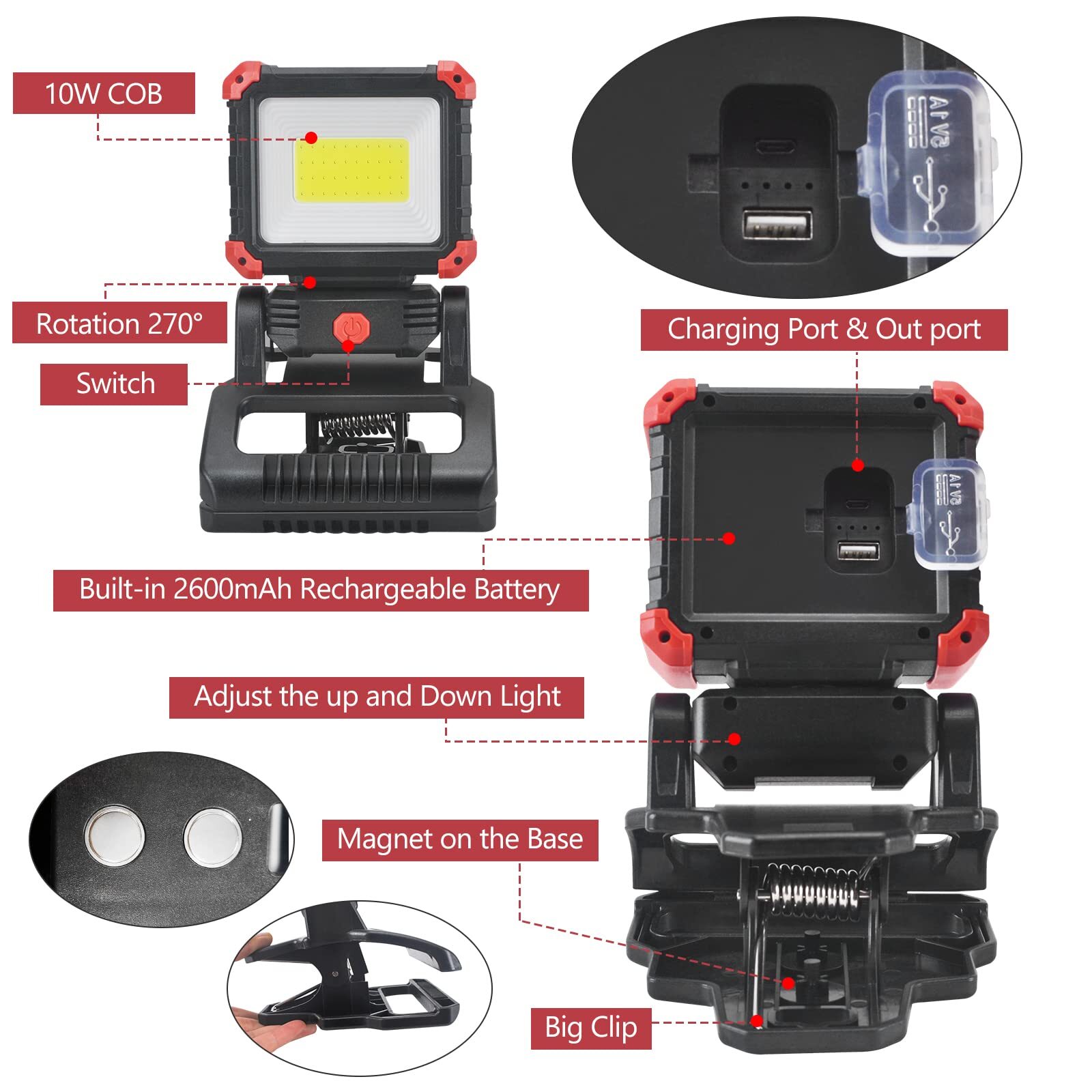 Led Rechargeable Work Light With Clamp 2100lm Super Bright Cob Magnetic - View #8