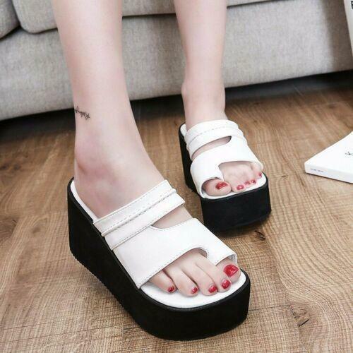 Plateau Damen-Hausschuhe offene Zehenpartie PU-Leder mit Keilabsatz Plateau Freizeitschuhe Sandalen Neu - Bild 14 von 14