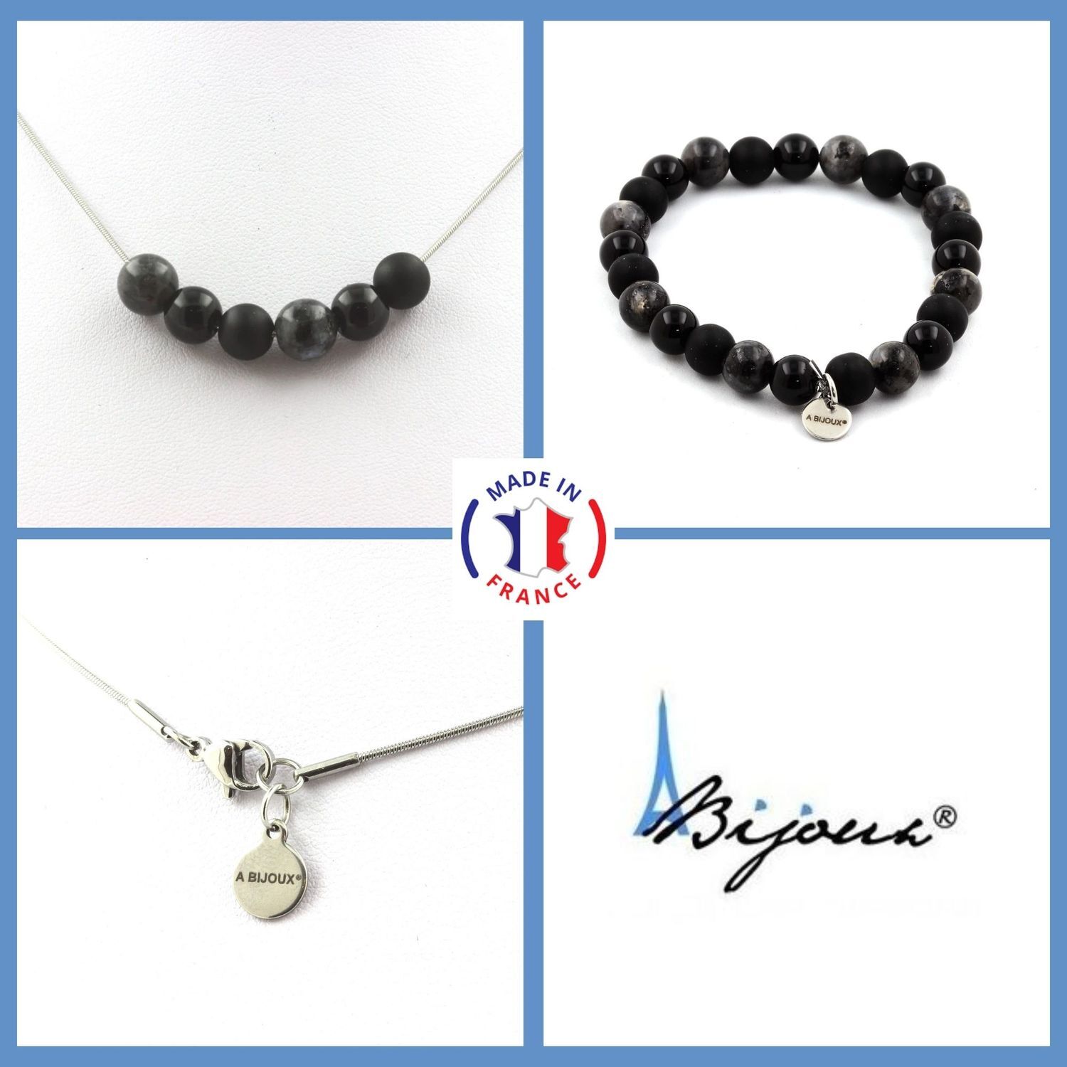 Parure Bracelet Collier Perles Labradorite Agate Onyx Noir | Bijoux Pierres Naturelles Homme Femme