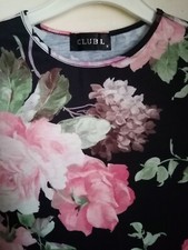 Dress Floral Black uk8 Soft Stretchy Print 3/4 Sleeve Summer Womans CLUB L