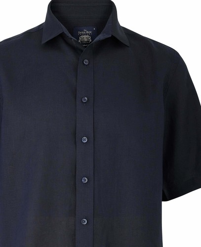 Savile Row Company Men's Slim Fit Short Length Navy Pure Linen Casual Shirt - Picture 5 of 7