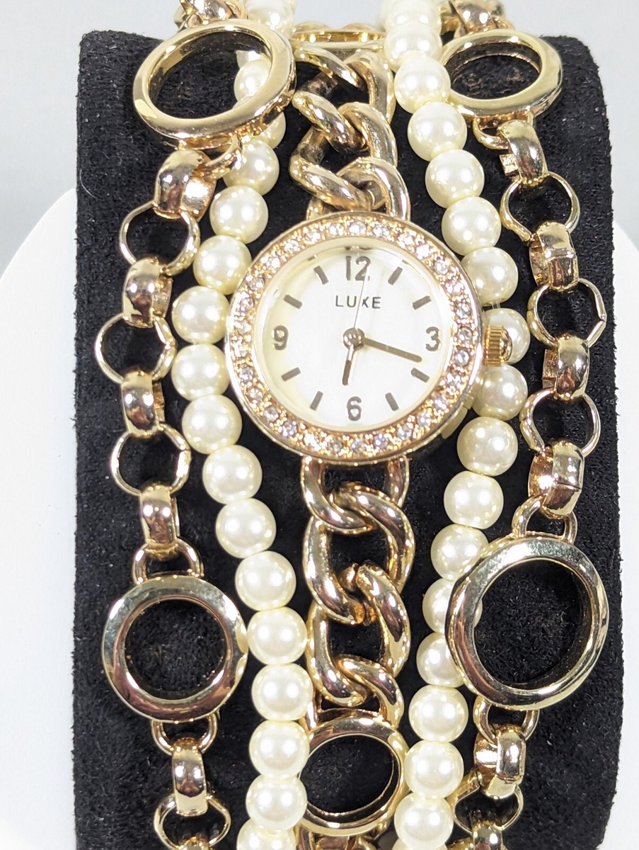 Luxe Pearlized Dial Crystal Accent Goldtone Round Case Faux  display picture 3
