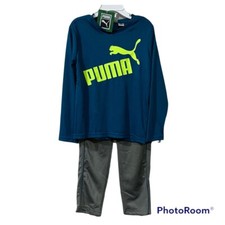 Puma Youth 6 Boy's Poly Long Sleeve Tee  Tricot Track Pant Set Teal Blue  Gray