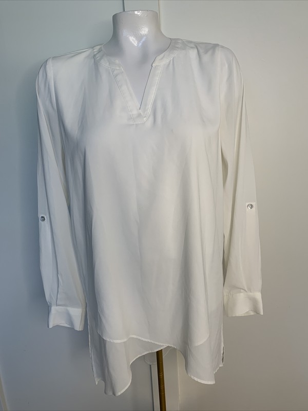 Susan Graver White Sz 4 Tunic Blouse Long Sleeve Polyester Spandex Layered Hem