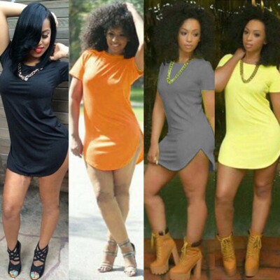 Women's Sexy Bodycon Side Slit T Shirts Dress Irregular Hem Casual Mini  Dresses | eBay