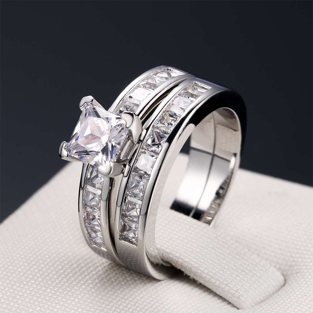 Pair Princess Cut AAA CZ 18k Platinum Plating Wedding Ring Set Women Size  6-10