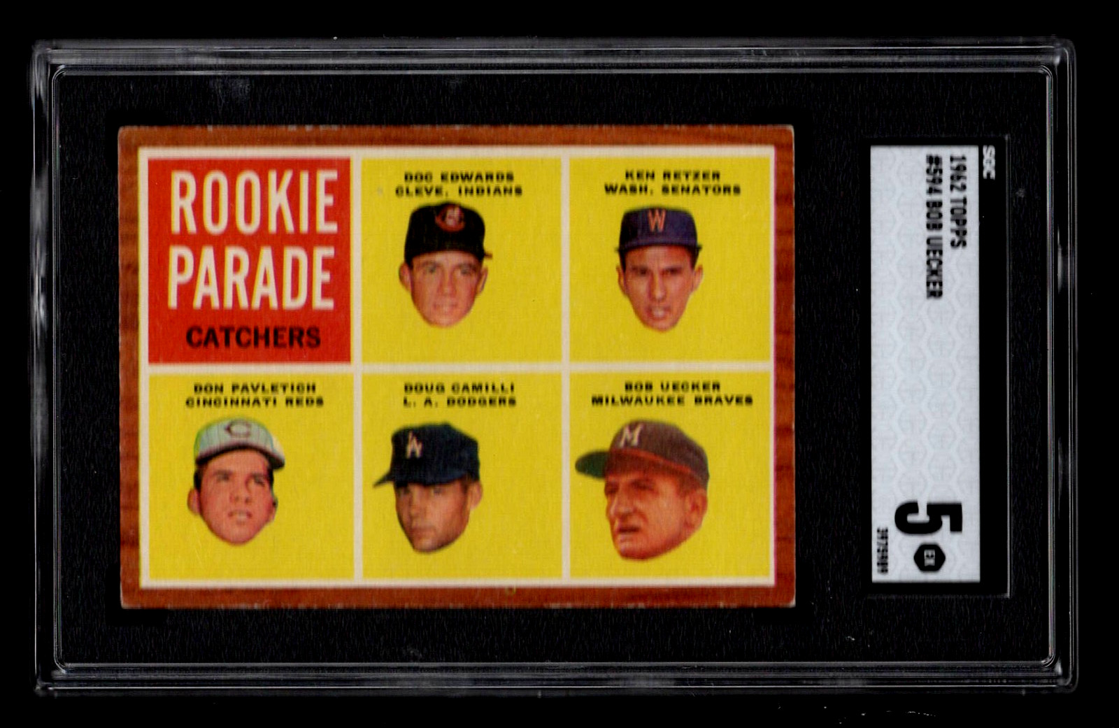 BOB UECKER 1962 TOPPS BASEBALL ROOKIE CARD #594 SGC 5 EX HOF MILWAUKEE RC