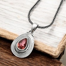 925 Sterling Silver Pear January Garnet Gemstone Birthday Bezel Sister Pendant