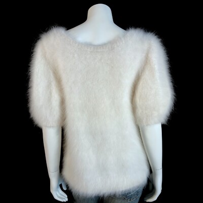 100% Angora Fuzzy Hand-Knit White OOAK Scoop-Neck Short-Sleeve