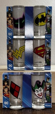 DC Comics Drinking Glass Lot of 6 Batman Superman Harley Quinn Joker WonderWoman