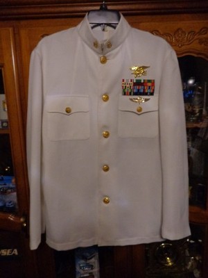 USN US Navy Seal Special Warfare E-7 CPO DRESS WHITE JACKET W/ pins size 44 S