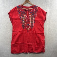 Johnny Was Linen Dress Tunic XL Red Embroidered Aztec Southwestern Sleeveless 