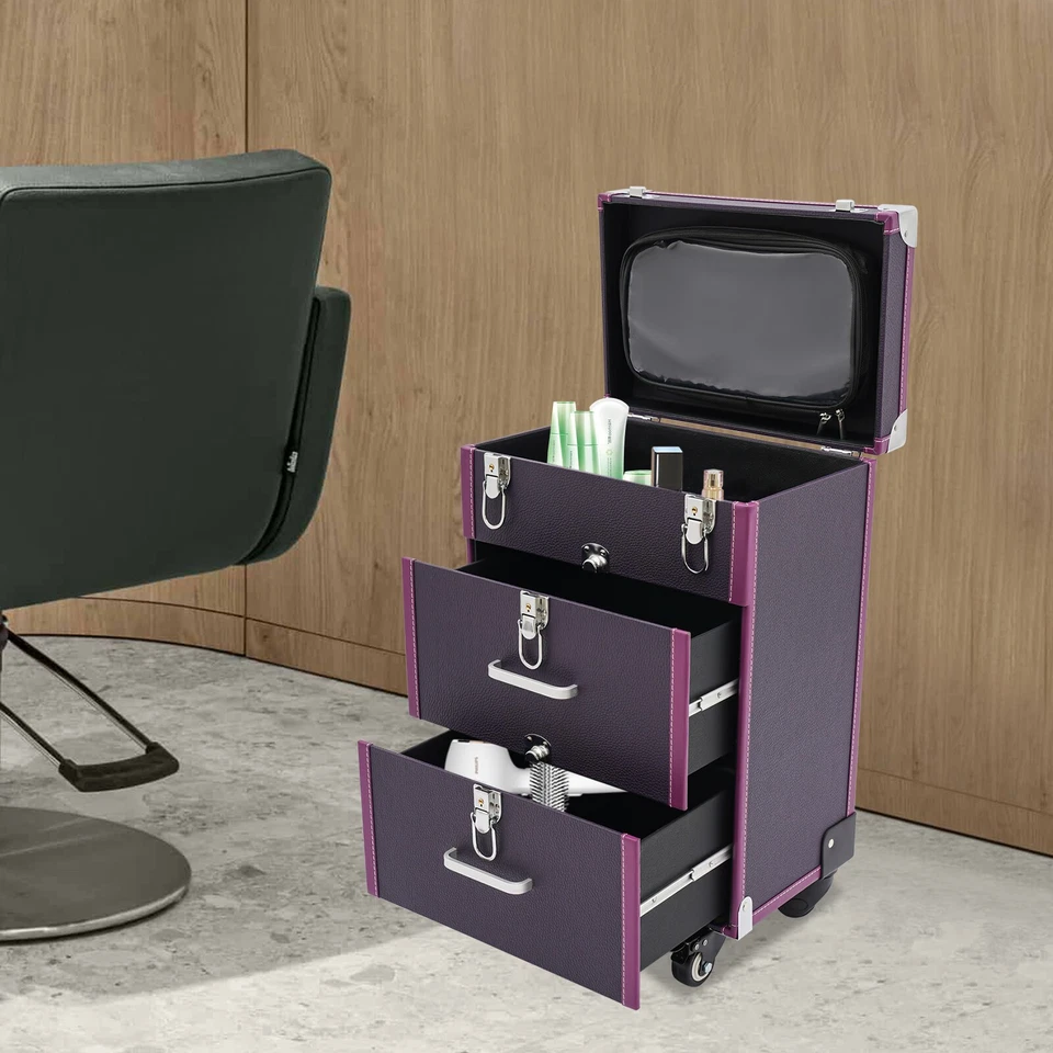 Estuches de maquillaje enrollables de 3 capas carro de maquillaje organizador de cosméticos de salón con cerradura Foto 3 de 4